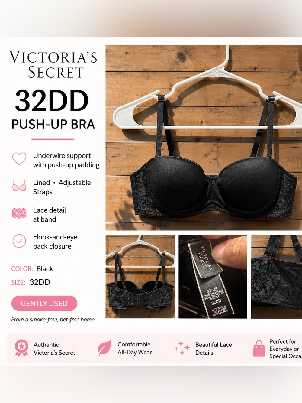 Victoria's Secret Black Convertible Strapless Lace Bra 32DD PADDED & wired